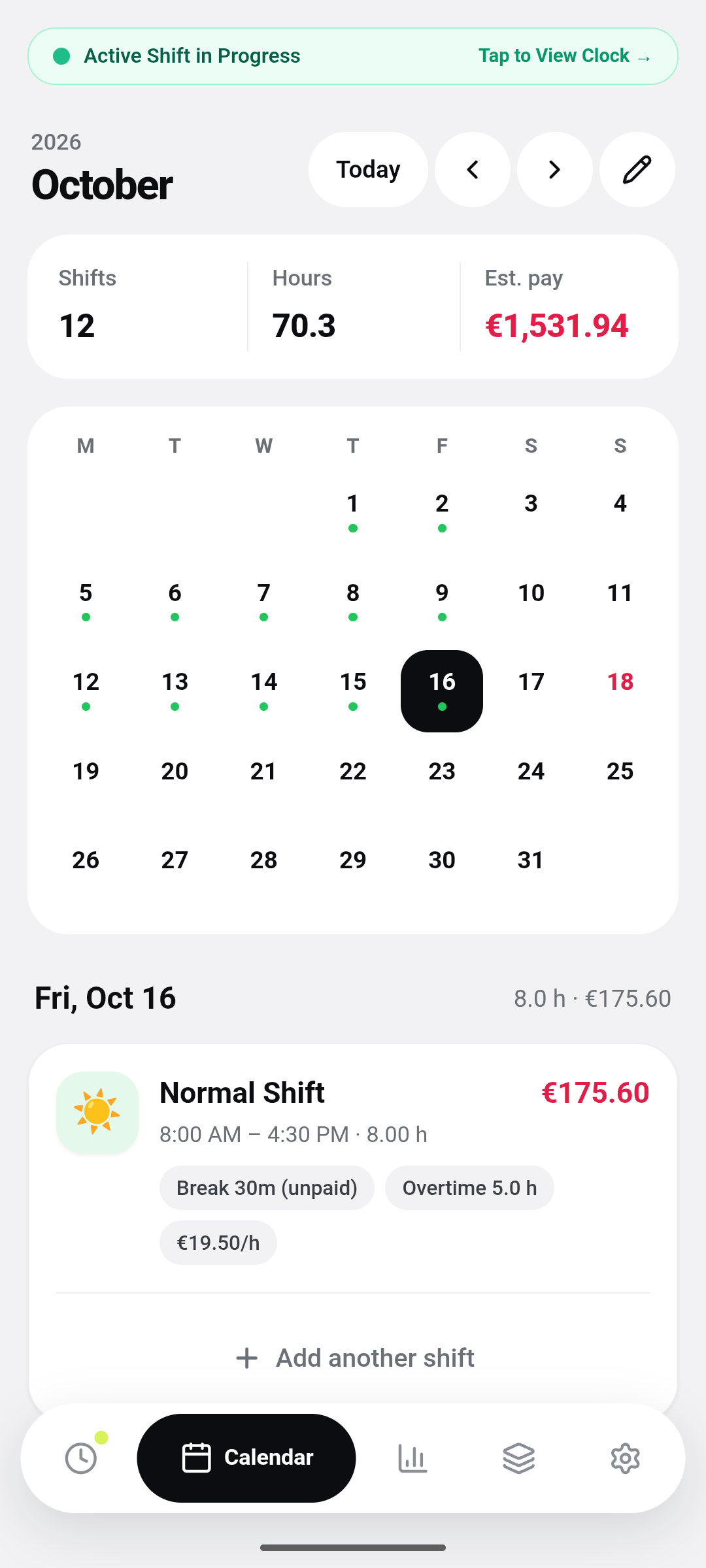 Shift Calendar Screen