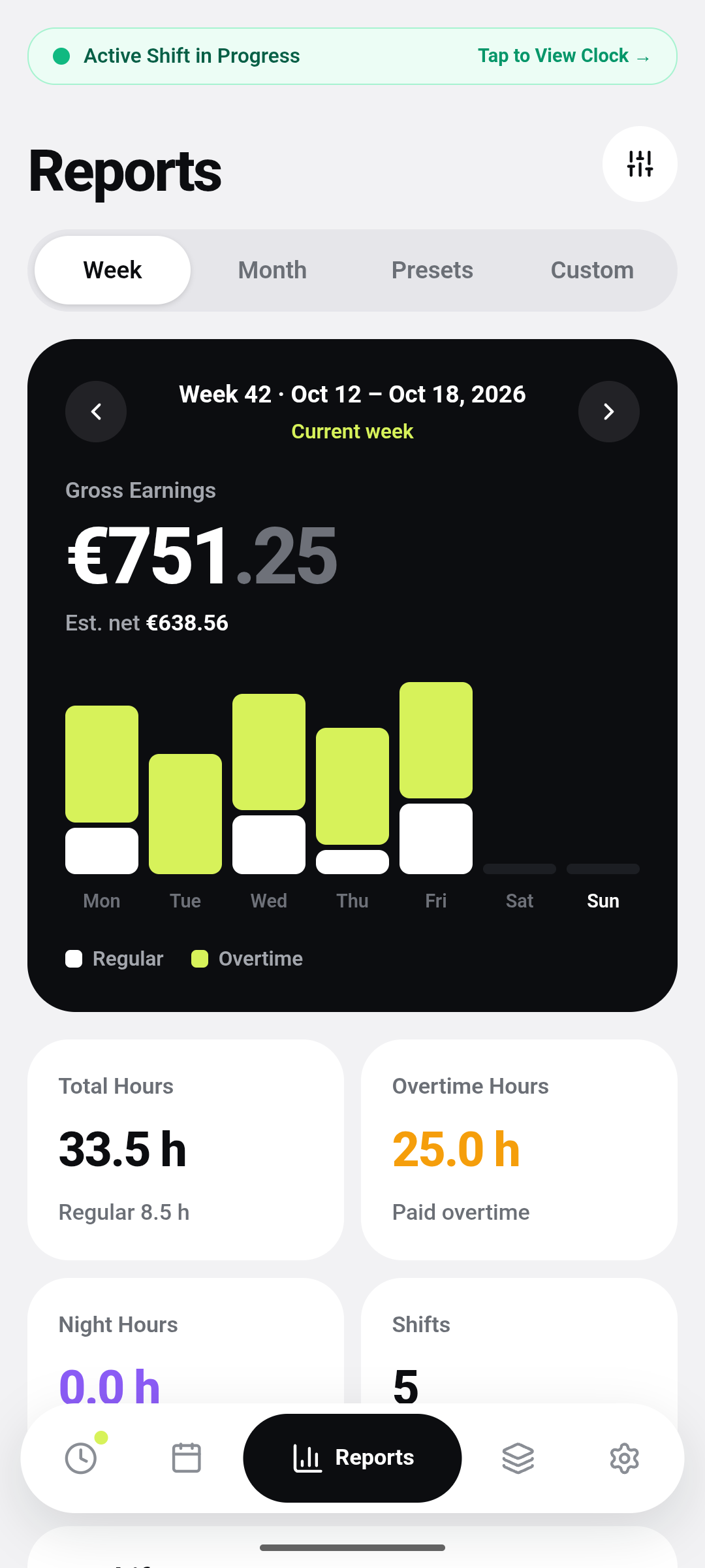 Hours & Earnings Screen